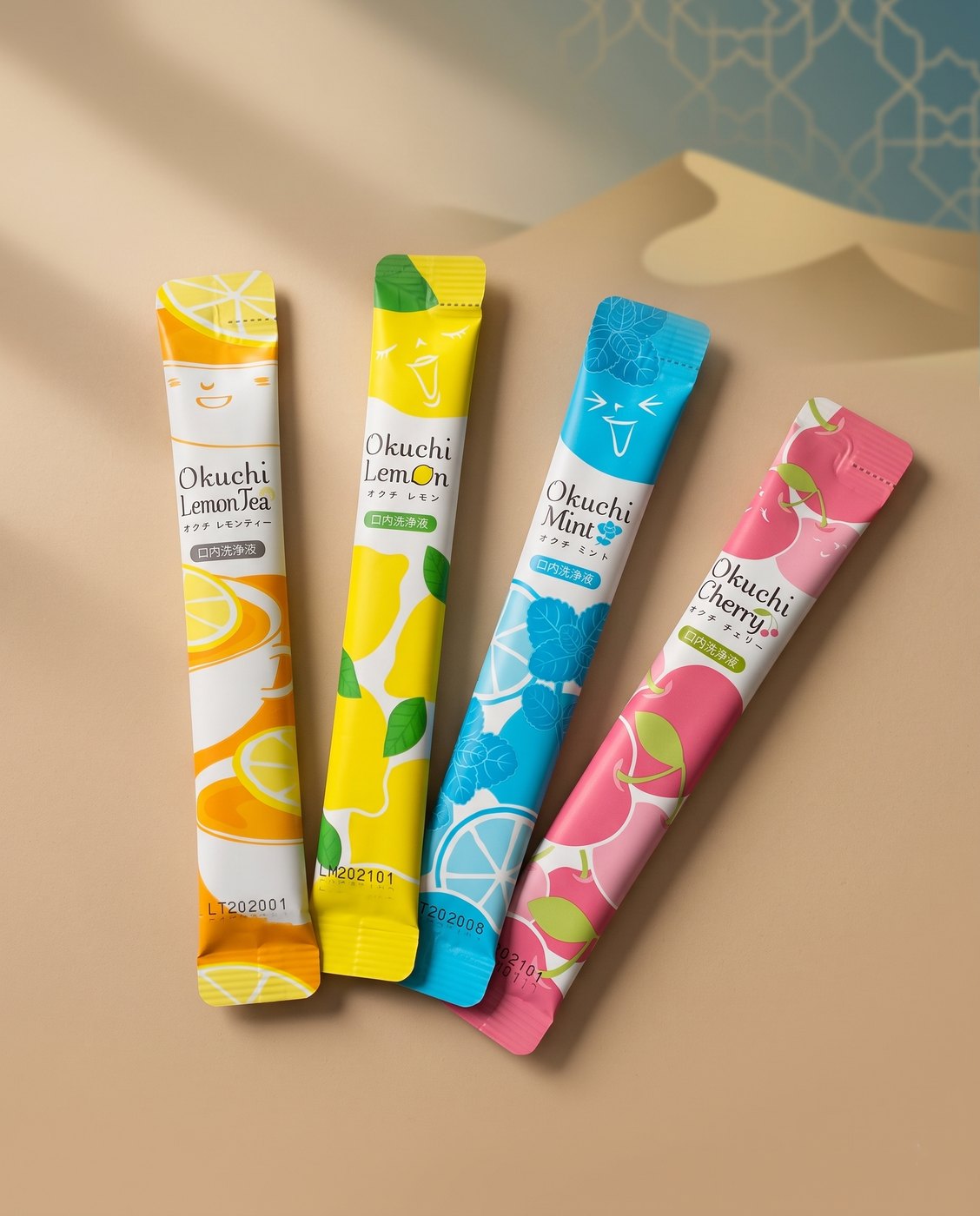 Okuchi Mouthwash stick pack range — Lemon Tea, Lemon, Mint and Cherry variants